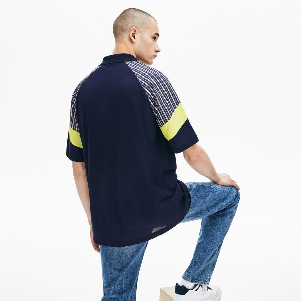 Mens   LIVE Loose Fit Patchwork Petit Piqué Polo | Lacoste Blue / Yellow / White • 2Tf