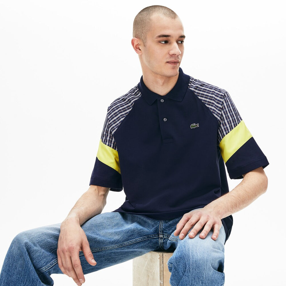 Mens   LIVE Loose Fit Patchwork Petit Piqué Polo | Lacoste Blue / Yellow / White • 2Tf