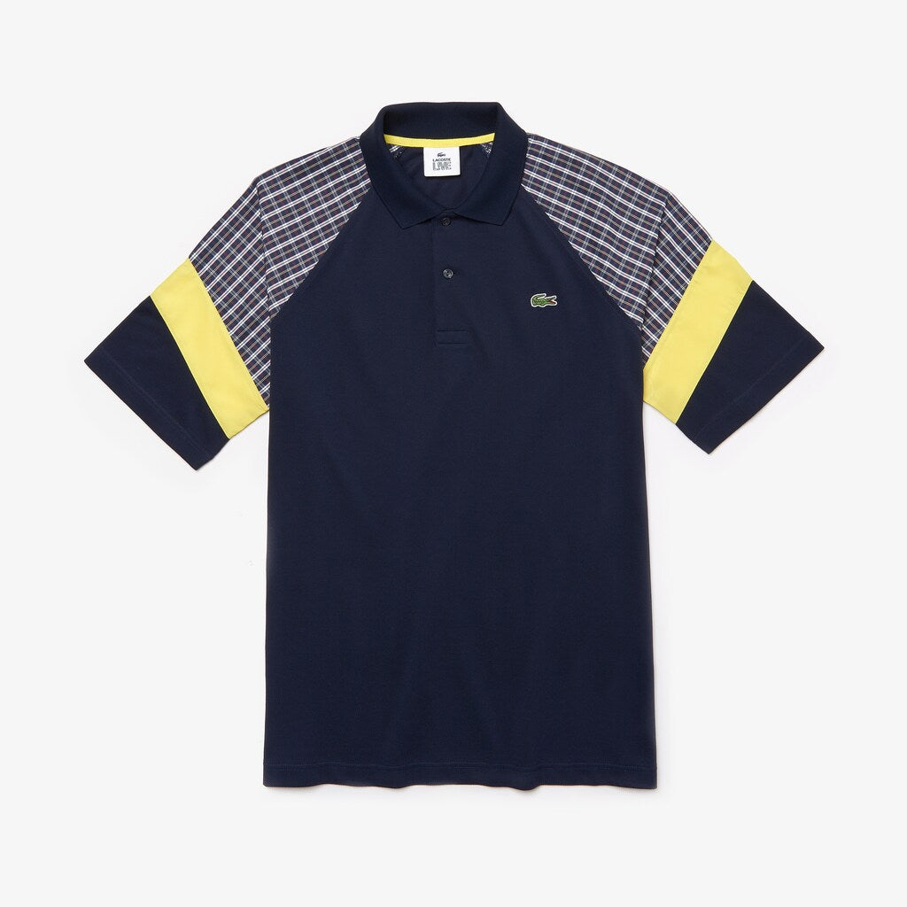 Mens   LIVE Loose Fit Patchwork Petit Piqué Polo | Lacoste Blue / Yellow / White • 2Tf
