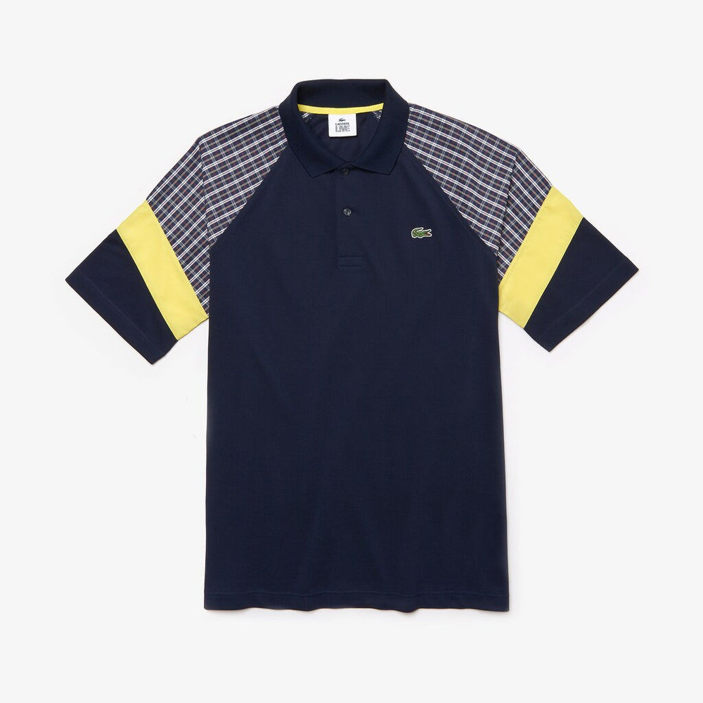 Mens   LIVE Loose Fit Patchwork Petit Piqué Polo | Lacoste Blue / Yellow / White • 2Tf