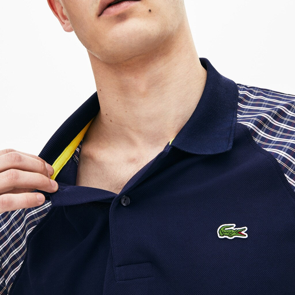 Mens   LIVE Loose Fit Patchwork Petit Piqué Polo | Lacoste Blue / Yellow / White • 2Tf