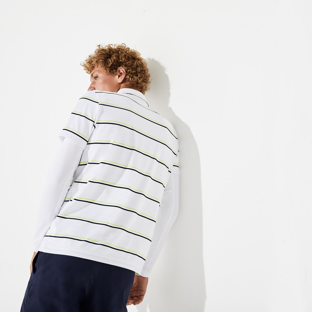 Mens   SPORT Striped Breathable Jersey Golf Polo | Lacoste White / Navy Blue / Flashy Yellow • 4Jh