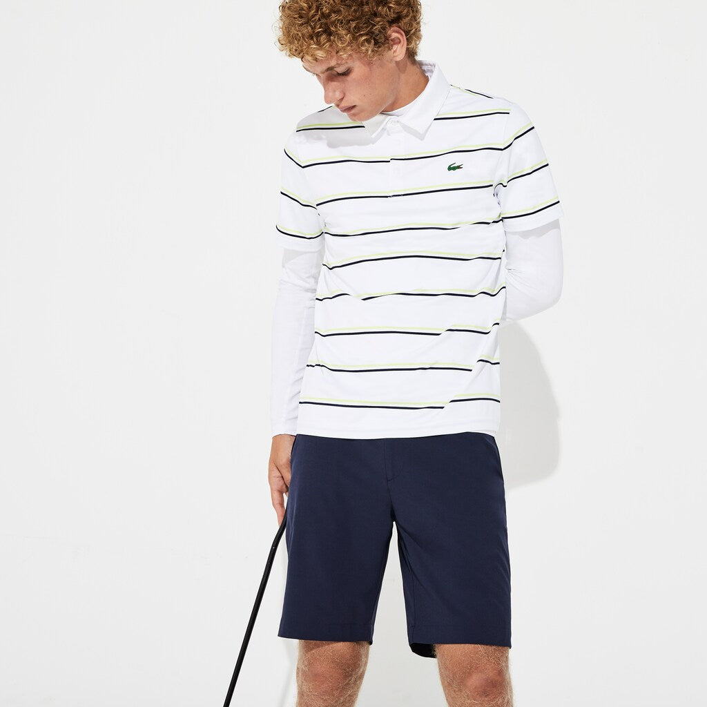 Mens   SPORT Striped Breathable Jersey Golf Polo | Lacoste White / Navy Blue / Flashy Yellow • 4Jh