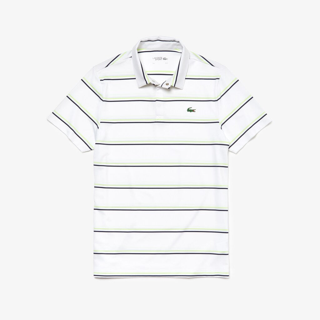 Mens   SPORT Striped Breathable Jersey Golf Polo | Lacoste White / Navy Blue / Flashy Yellow • 4Jh