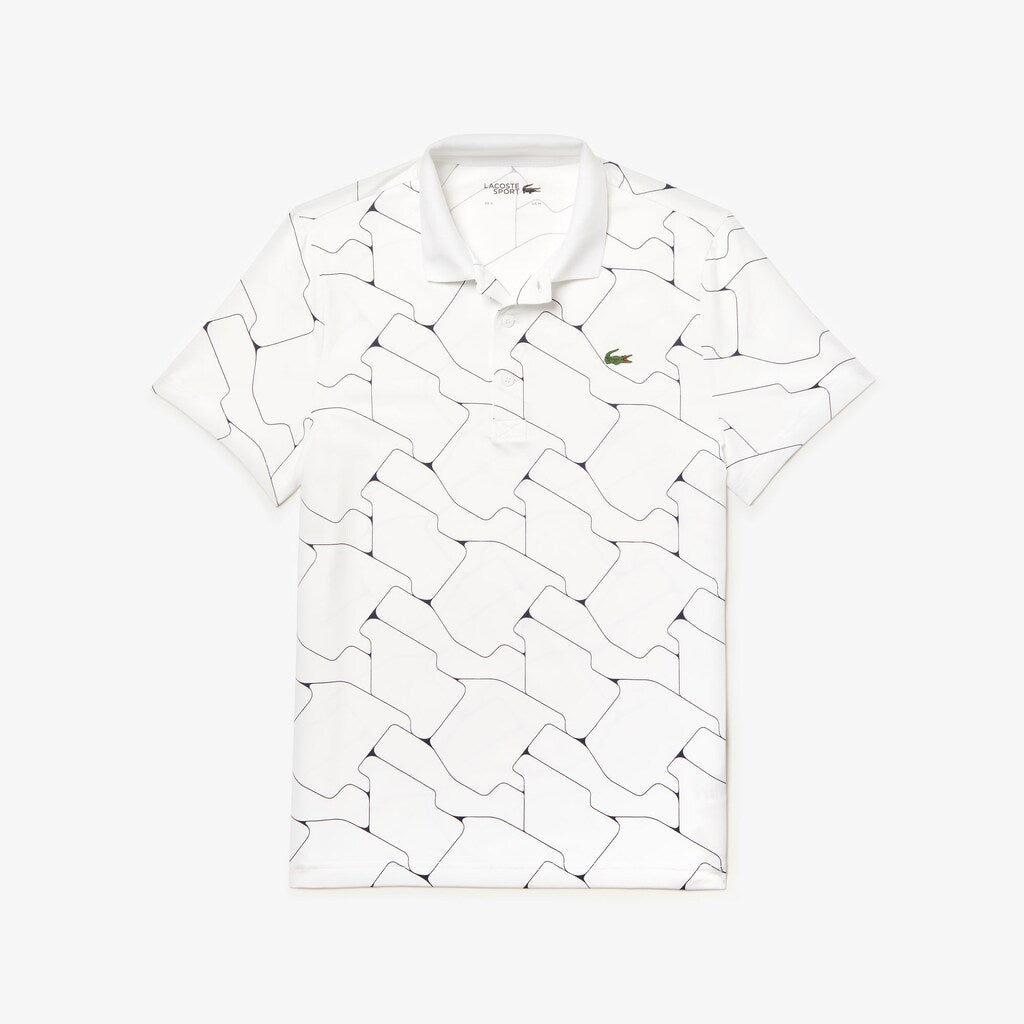 Mens   SPORT Print Breathable Stretch Jersey Golf Polo | Lacoste White / Navy Blue • 522