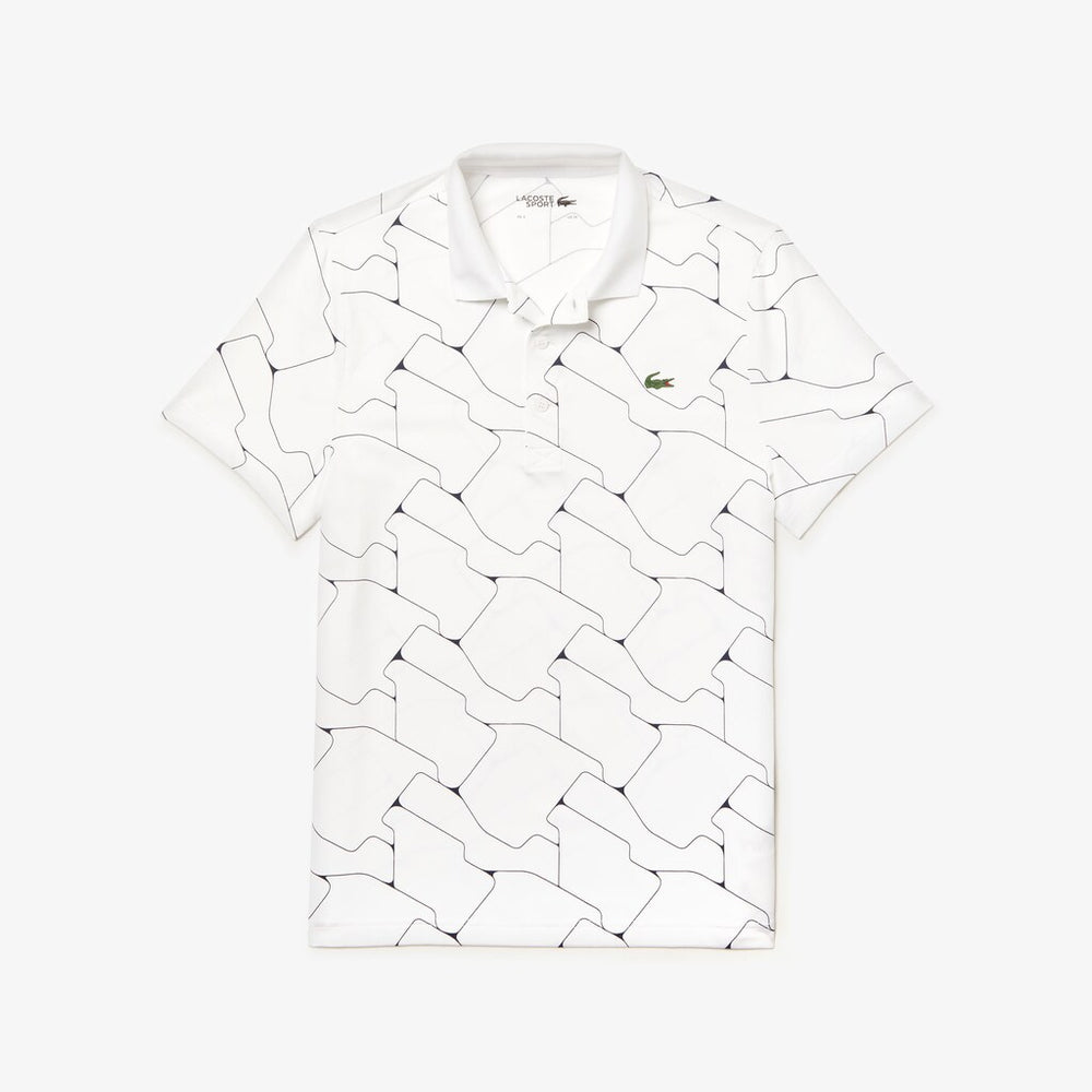 Mens   SPORT Print Breathable Stretch Jersey Golf Polo | Lacoste White / Navy Blue • 522