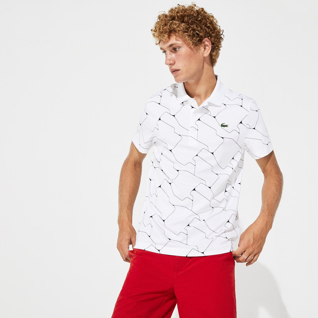Mens   SPORT Print Breathable Stretch Jersey Golf Polo | Lacoste White / Navy Blue • 522