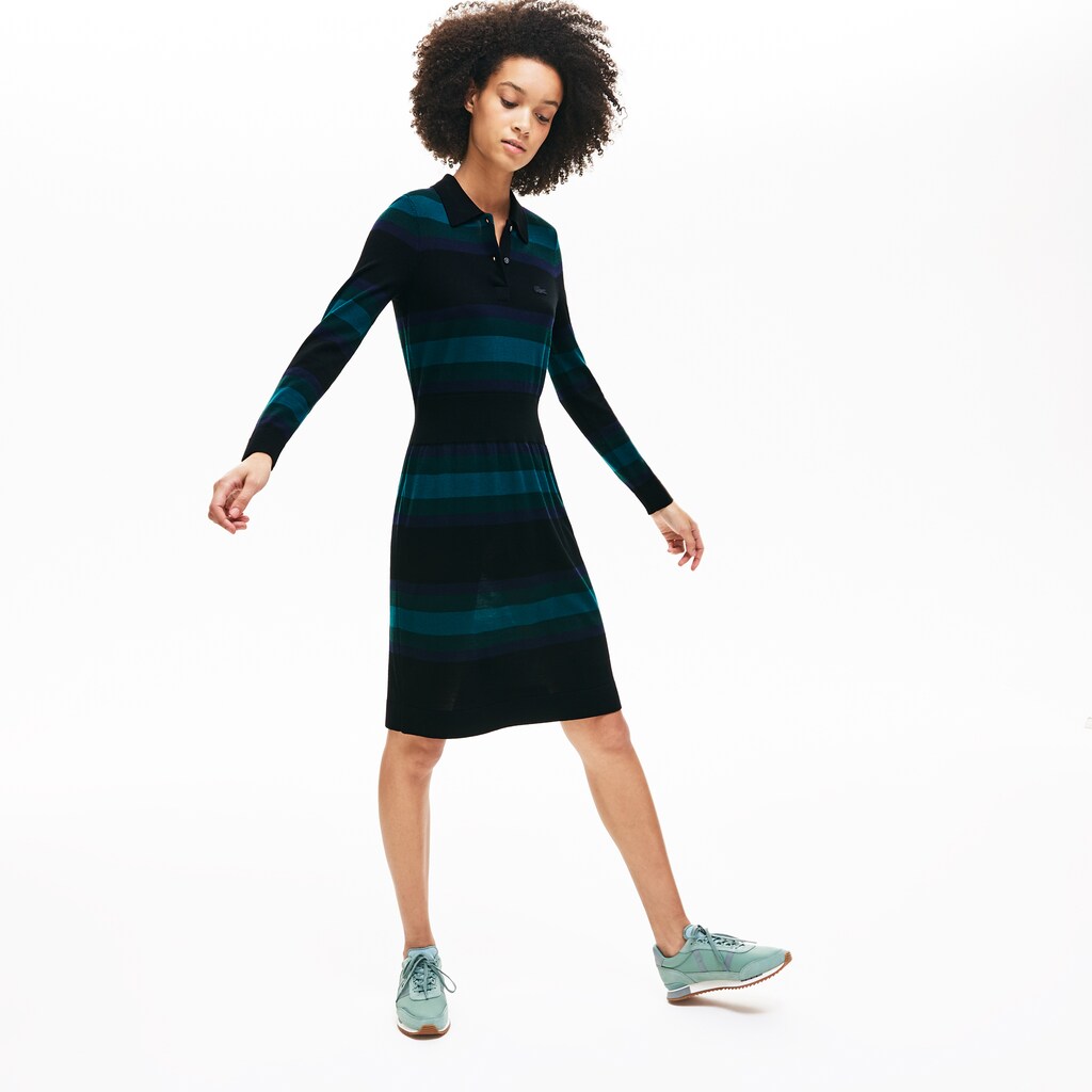 Womens Wo  Fitted Striped Wool Polo Dress | Lacoste Black / Navy Blue / Green • 3Ra