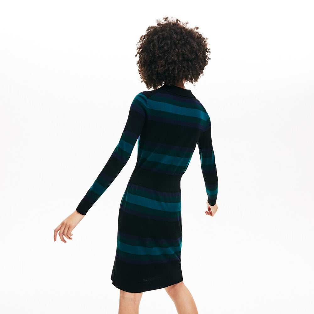 Womens Wo  Fitted Striped Wool Polo Dress | Lacoste Black / Navy Blue / Green • 3Ra