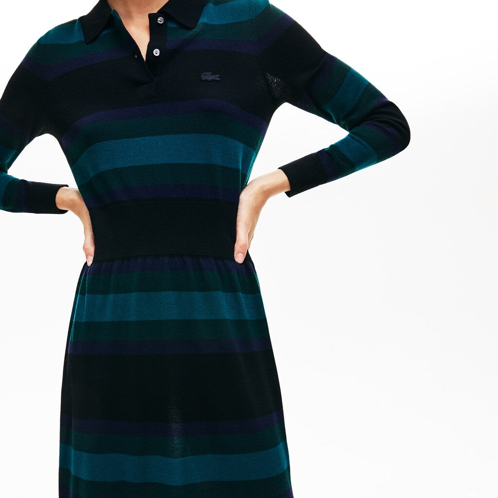 Womens Wo  Fitted Striped Wool Polo Dress | Lacoste Black / Navy Blue / Green • 3Ra