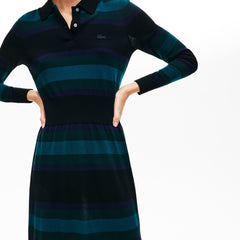 Womens Wo  Fitted Striped Wool Polo Dress | Lacoste Black / Navy Blue / Green • 3Ra