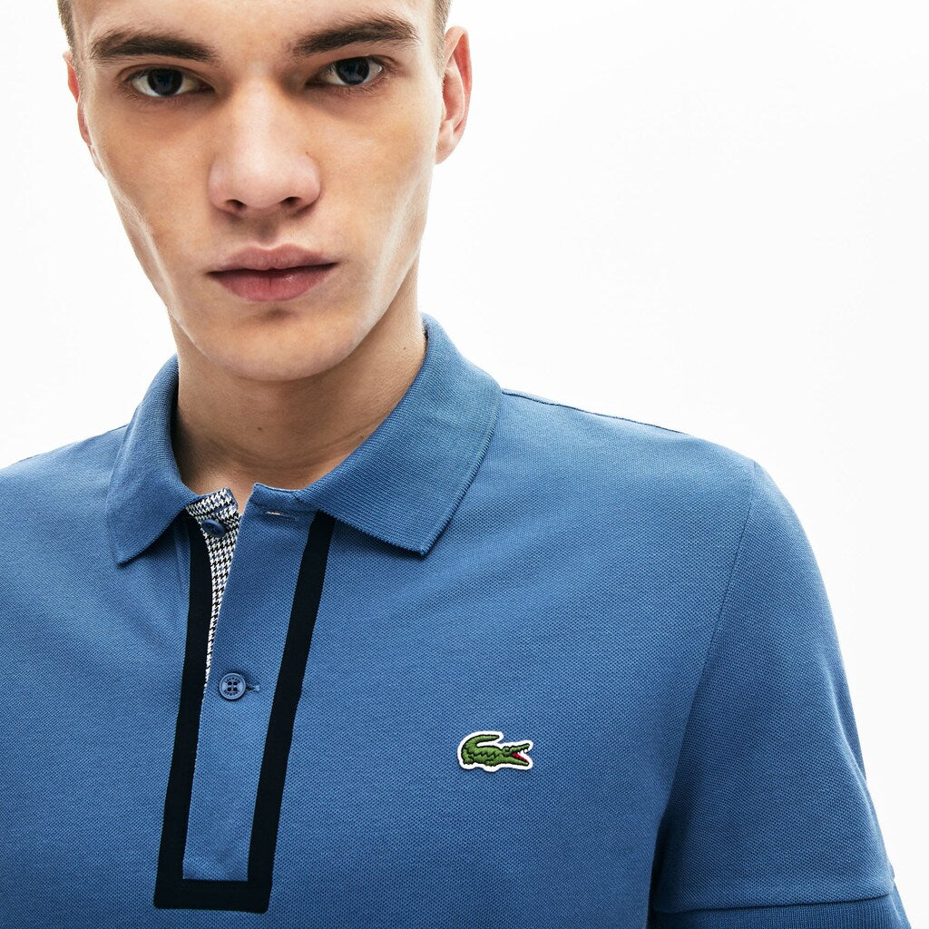 Mens   Slim Fit Checkered-Placket Stretch Cotton Piqué Polo | Lacoste Blue • Pq8