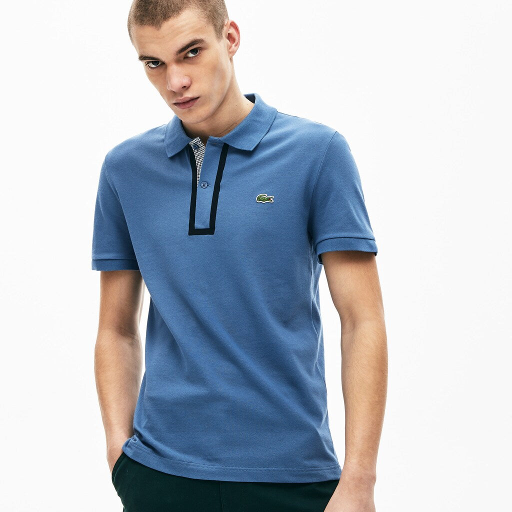Mens   Slim Fit Checkered-Placket Stretch Cotton Piqué Polo | Lacoste Blue • Pq8