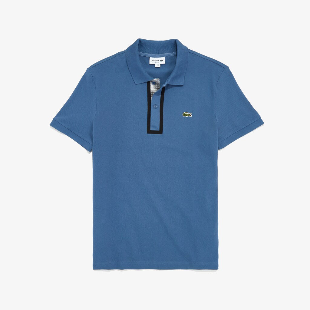 Mens   Slim Fit Checkered-Placket Stretch Cotton Piqué Polo | Lacoste Blue • Pq8