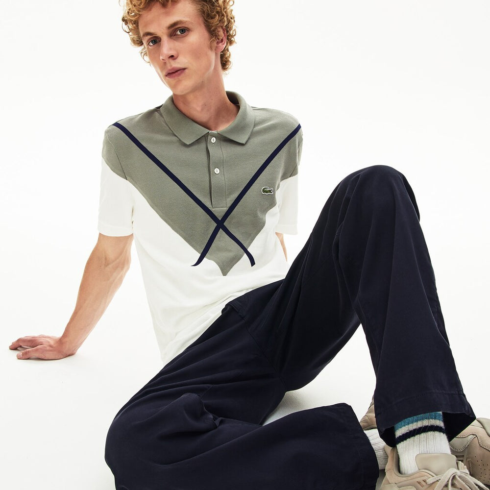Mens   Made In France Jacquard Cotton Piqué Polo Shirt | Lacoste White / Khaki Green / Navy Blue • 22H
