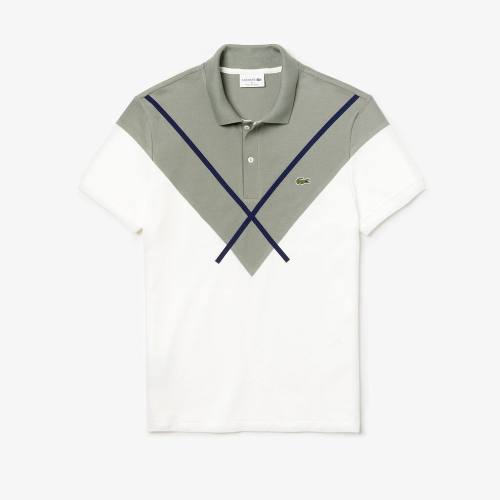 Mens   Made In France Jacquard Cotton Piqué Polo Shirt | Lacoste White / Khaki Green / Navy Blue • 22H