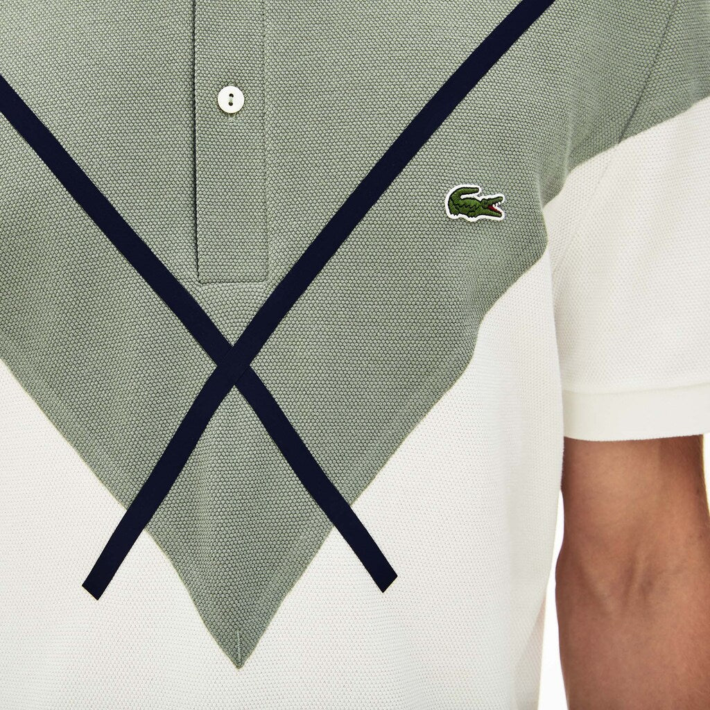 Mens   Made In France Jacquard Cotton Piqué Polo Shirt | Lacoste White / Khaki Green / Navy Blue • 22H