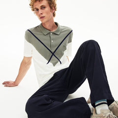 Mens   Made In France Jacquard Cotton Piqué Polo Shirt | Lacoste White / Khaki Green / Navy Blue • 22H