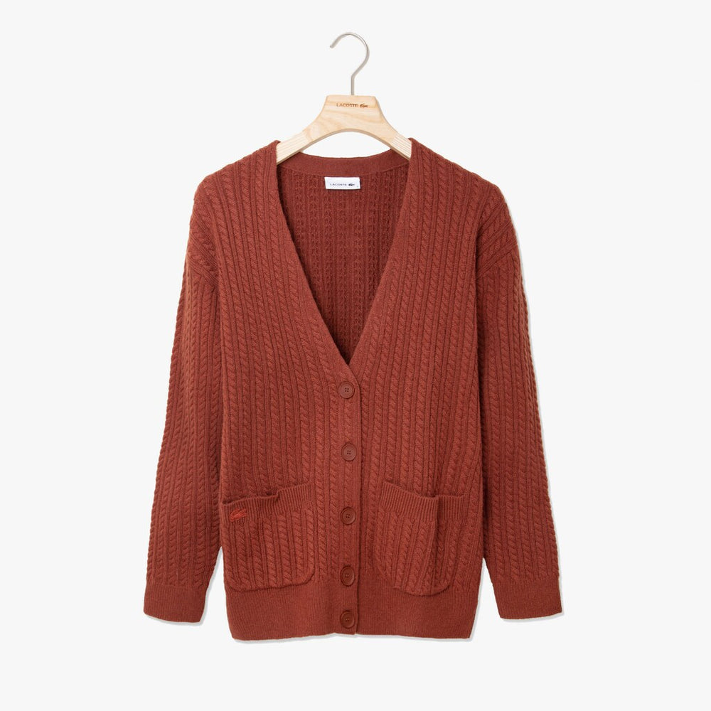 Womens Wo  Wool And Cashmere Blend Cable Knit Cardigan | Lacoste Brown • 5C0