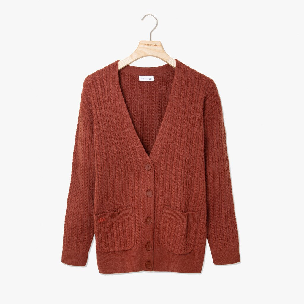 Womens Wo  Wool And Cashmere Blend Cable Knit Cardigan | Lacoste Brown • 5C0