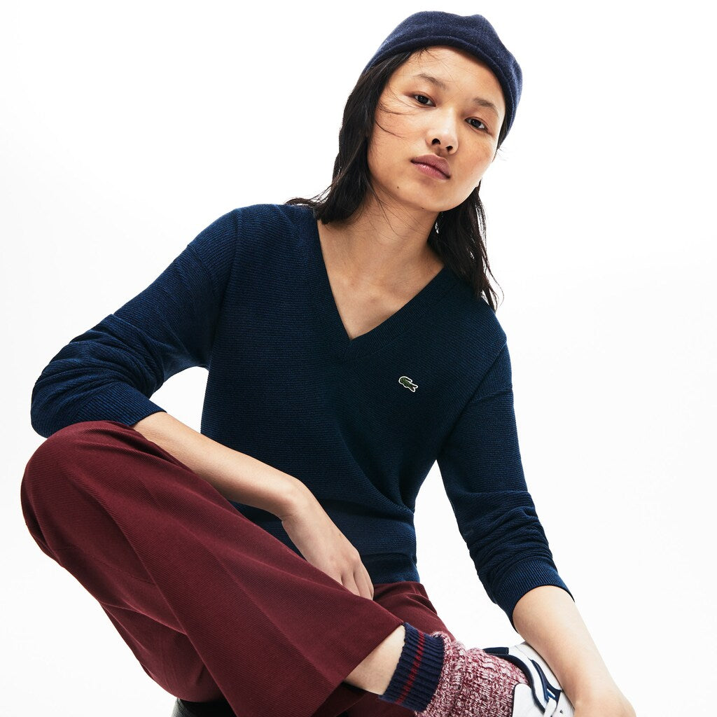 Womens Wo  V-Neck Texturized Cotton Sweater | Lacoste Navy Blue / Blue / Black • 0Nf
