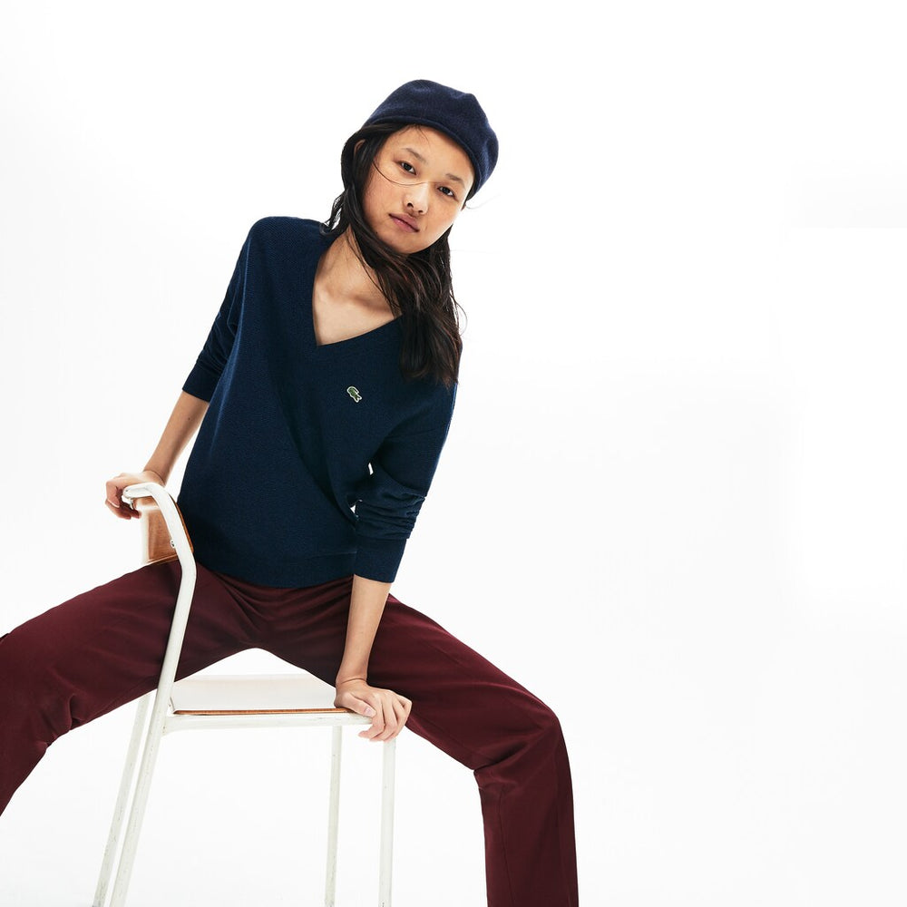 Womens Wo  V-Neck Texturized Cotton Sweater | Lacoste Navy Blue / Blue / Black • 0Nf