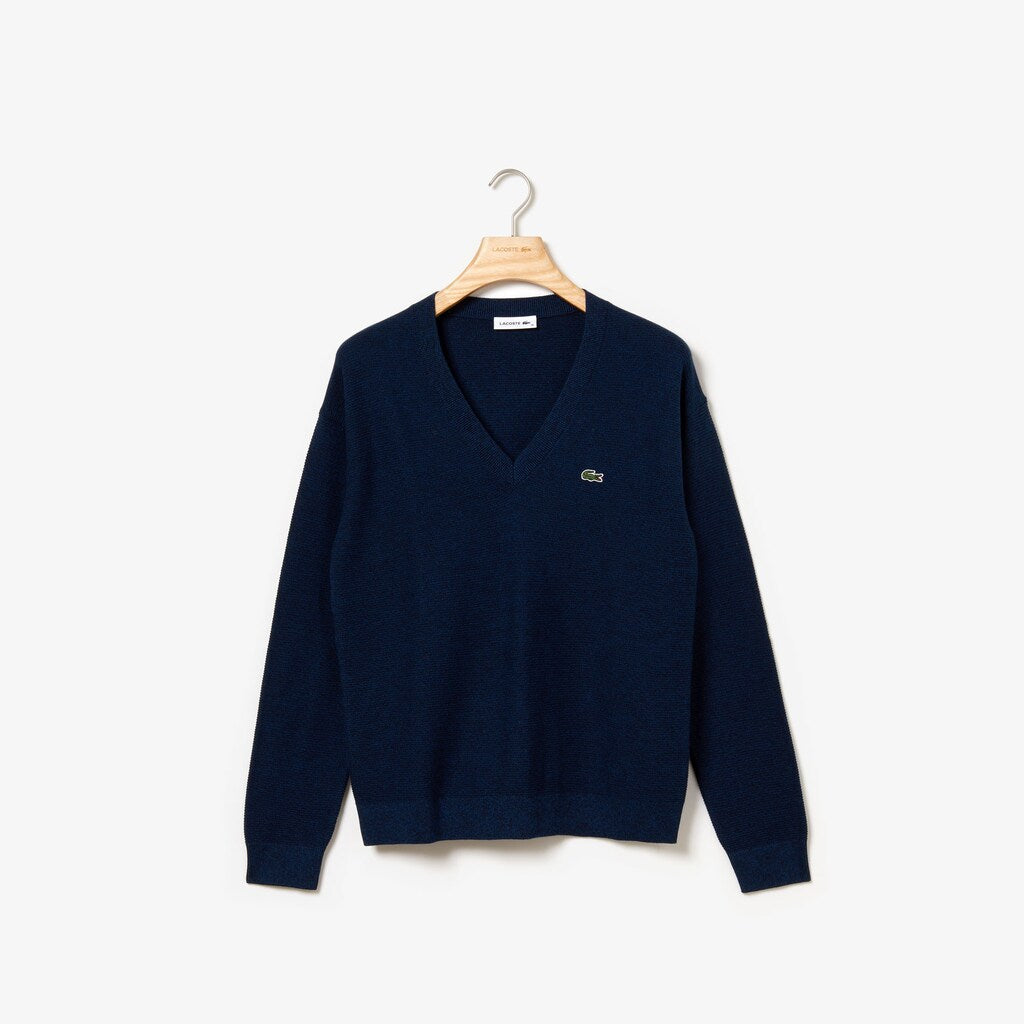 Womens Wo  V-Neck Texturized Cotton Sweater | Lacoste Navy Blue / Blue / Black • 0Nf