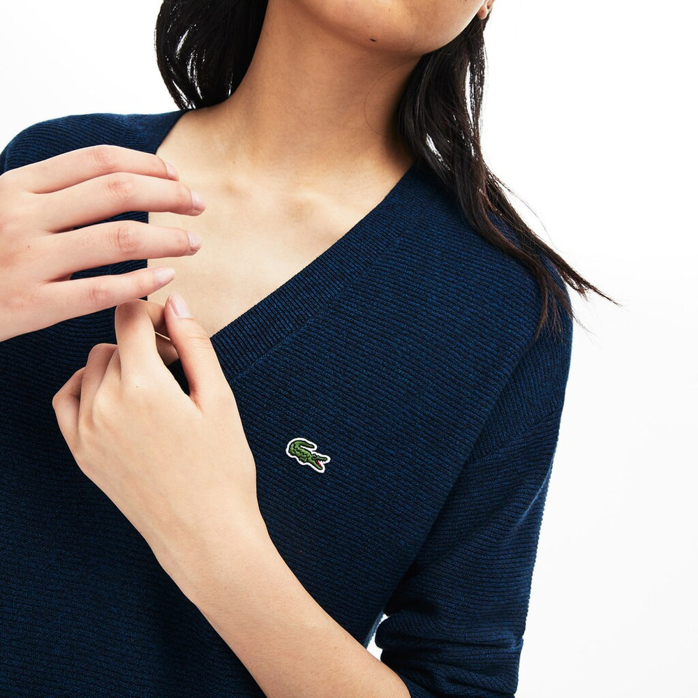 Womens Wo  V-Neck Texturized Cotton Sweater | Lacoste Navy Blue / Blue / Black • 0Nf