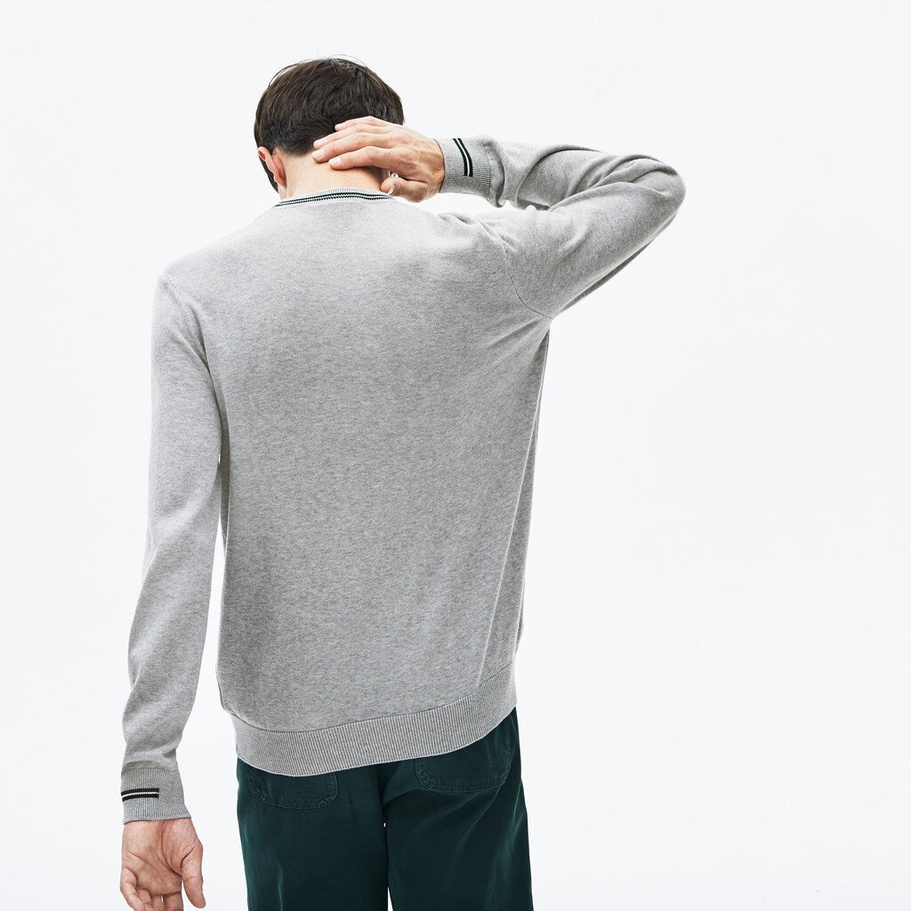Mens   Crewneck Mixed Stich And Striped Cotton Sweater | Lacoste Grey Chine / Green / White • 1G4