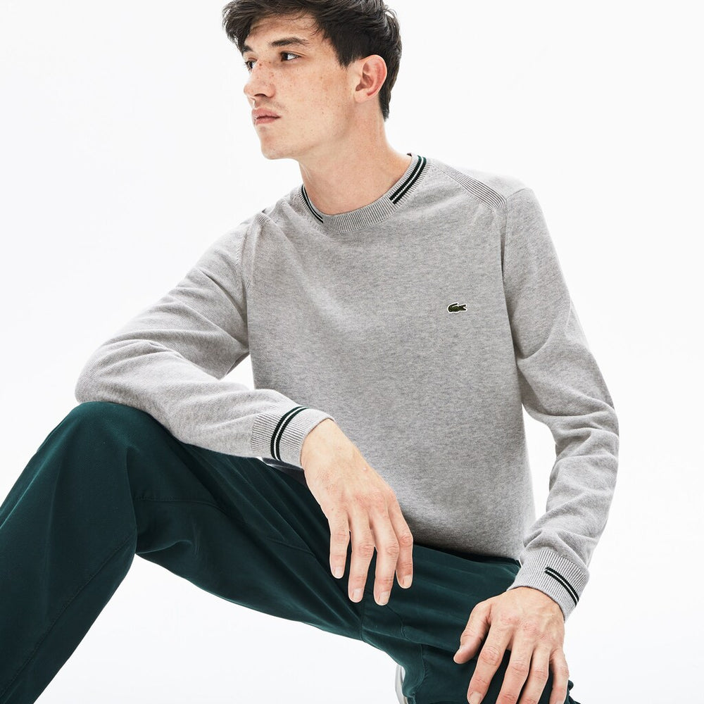 Mens   Crewneck Mixed Stich And Striped Cotton Sweater | Lacoste Grey Chine / Green / White • 1G4