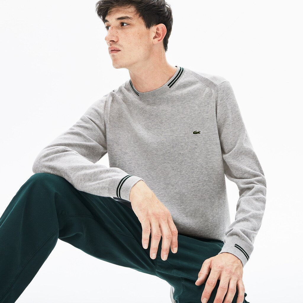 Mens   Crewneck Mixed Stich And Striped Cotton Sweater | Lacoste Grey Chine / Green / White • 1G4