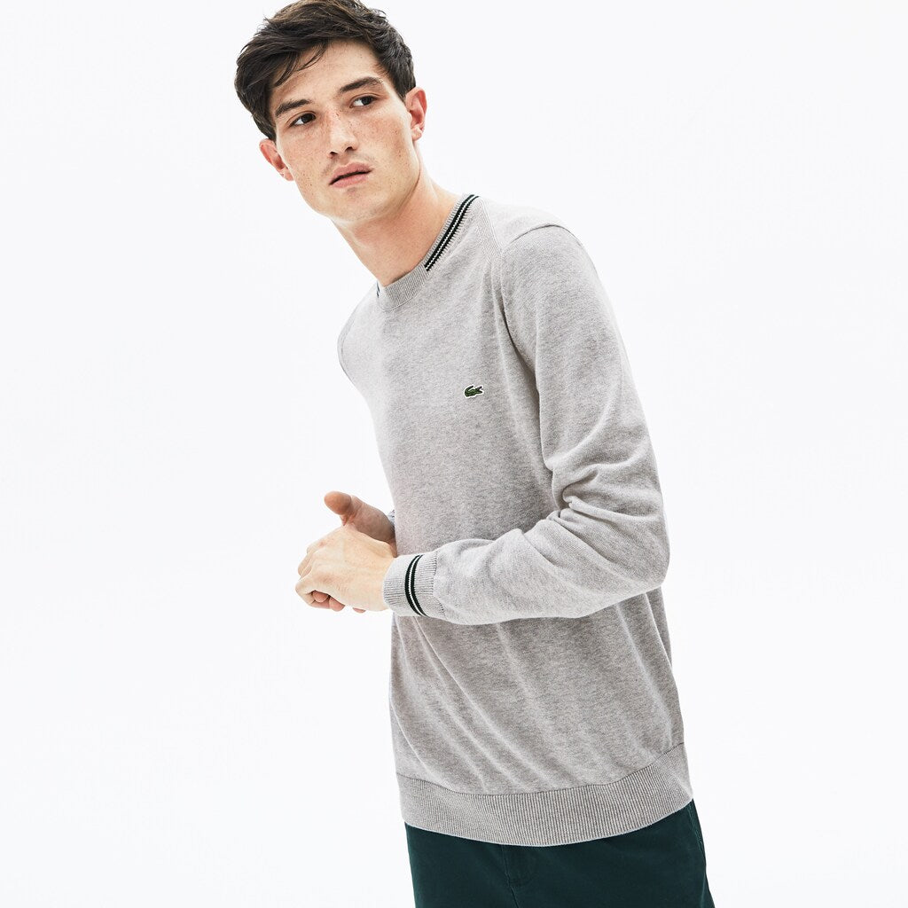 Mens   Crewneck Mixed Stich And Striped Cotton Sweater | Lacoste Grey Chine / Green / White • 1G4