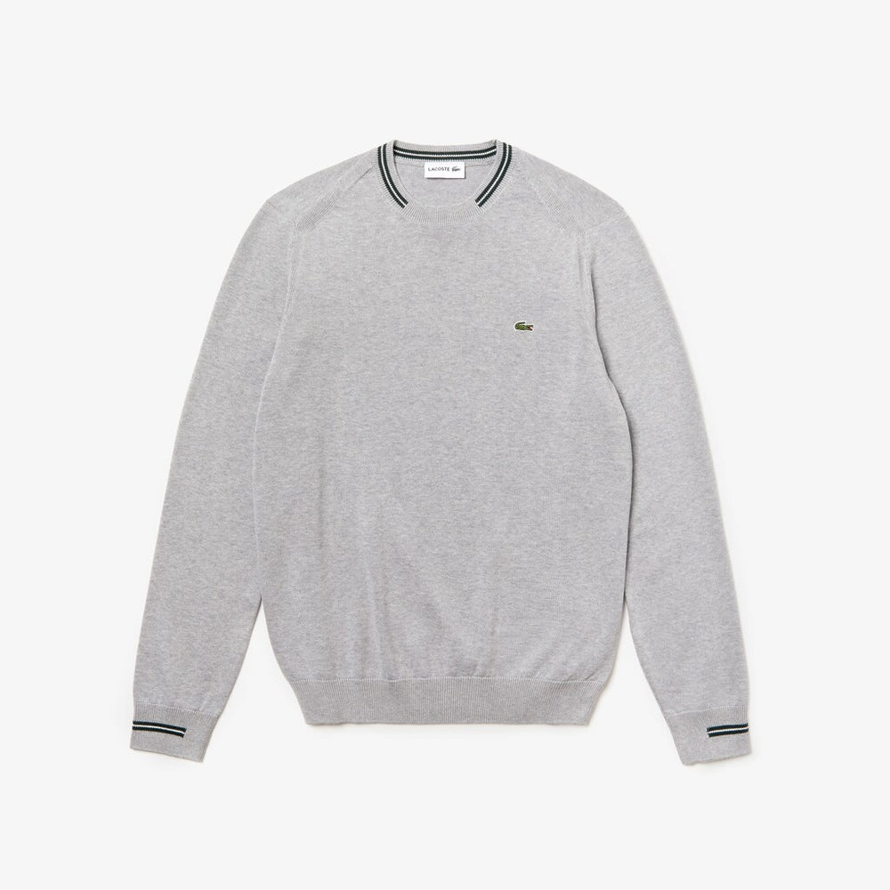 Mens   Crewneck Mixed Stich And Striped Cotton Sweater | Lacoste Grey Chine / Green / White • 1G4