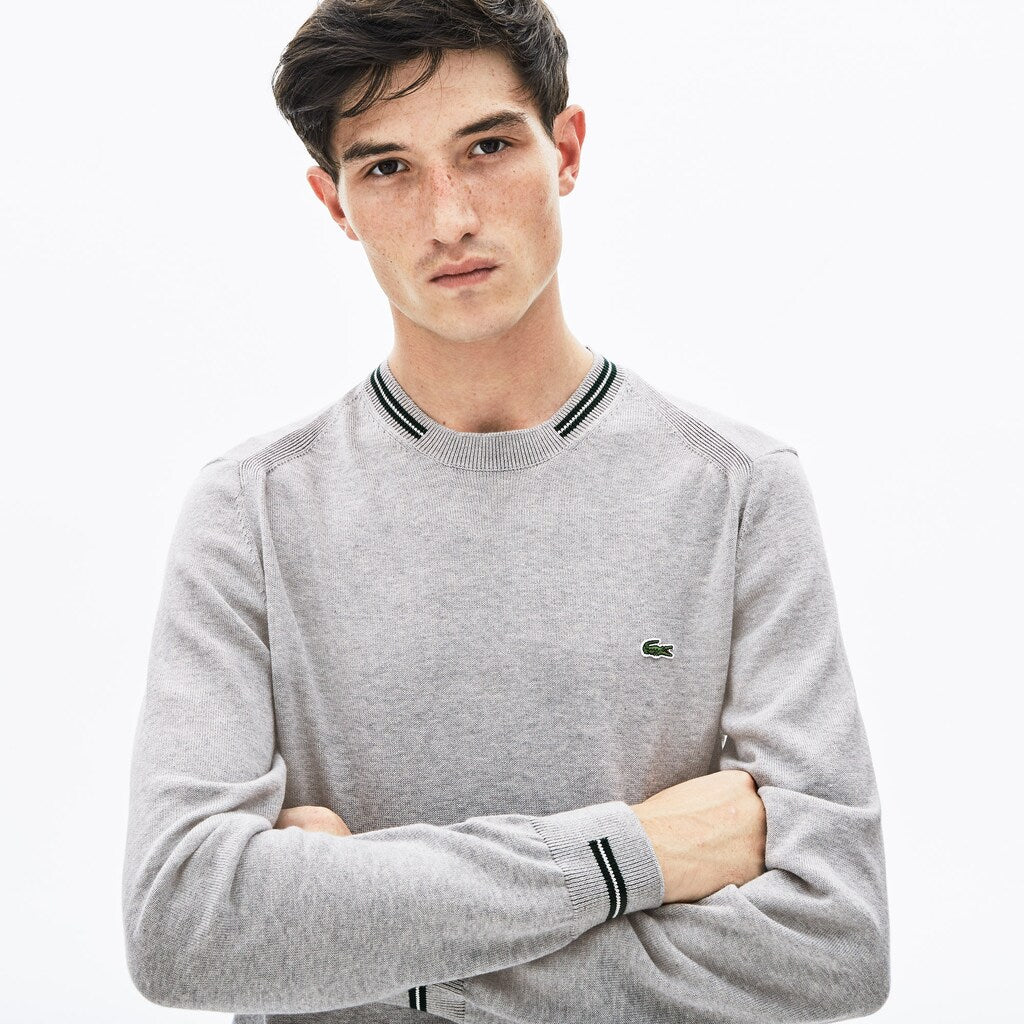 Mens   Crewneck Mixed Stich And Striped Cotton Sweater | Lacoste Grey Chine / Green / White • 1G4