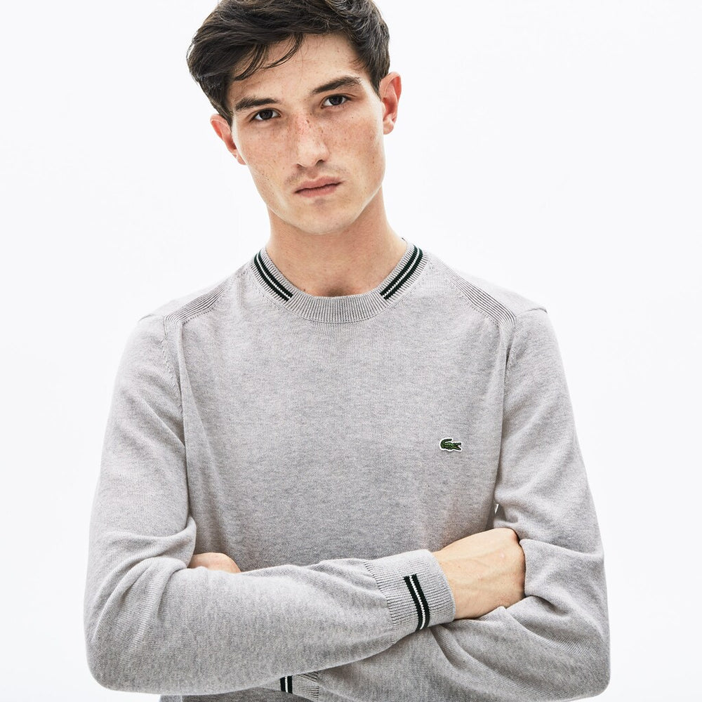 Mens   Crewneck Mixed Stich And Striped Cotton Sweater | Lacoste Grey Chine / Green / White • 1G4