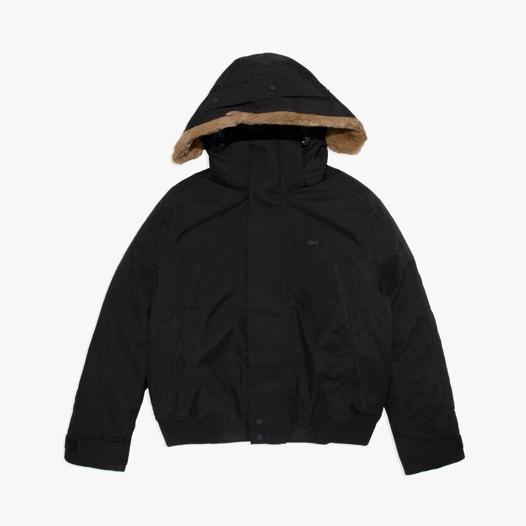 Mens   Detachable Faux Fur Hood Short Quilted Parka | Lacoste Black / Dark Grey • 4Pc