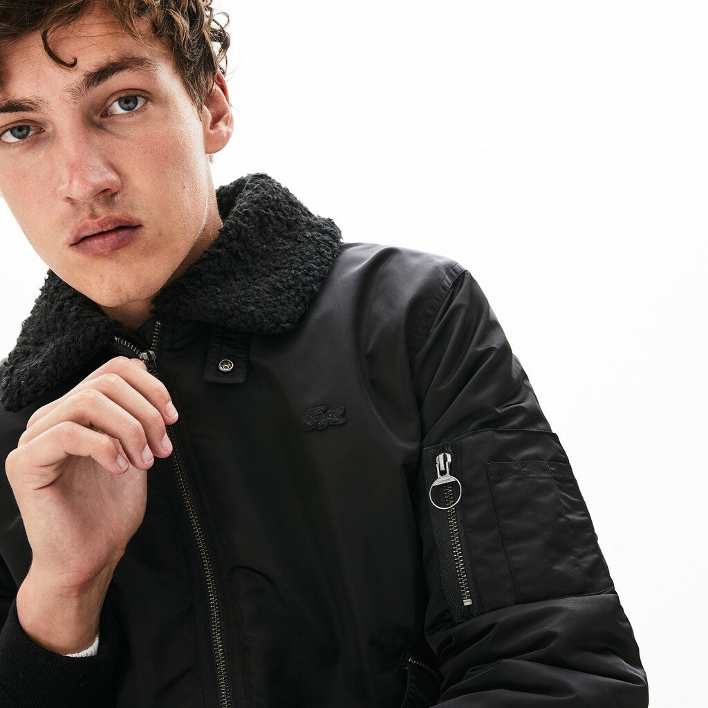 Mens   Sherpa Collar Padded Bomber Jacket | Lacoste Black / Blue • Hx7