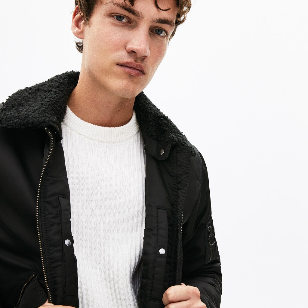 Mens   Sherpa Collar Padded Bomber Jacket | Lacoste Black / Blue • Hx7