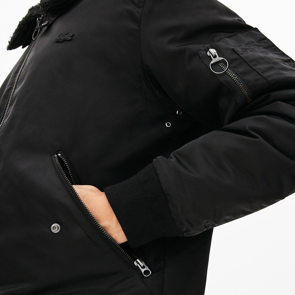 Mens   Sherpa Collar Padded Bomber Jacket | Lacoste Black / Blue • Hx7
