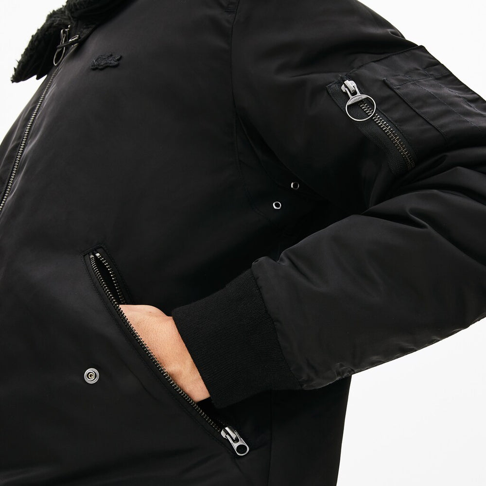 Mens   Sherpa Collar Padded Bomber Jacket | Lacoste Black / Blue • Hx7