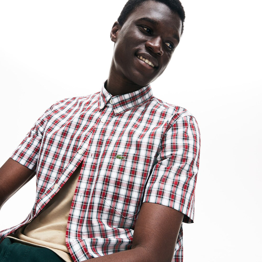 Mens   Short Sleeve Plaid Poplin Shirt | Lacoste White / Bordeaux • 1Ny