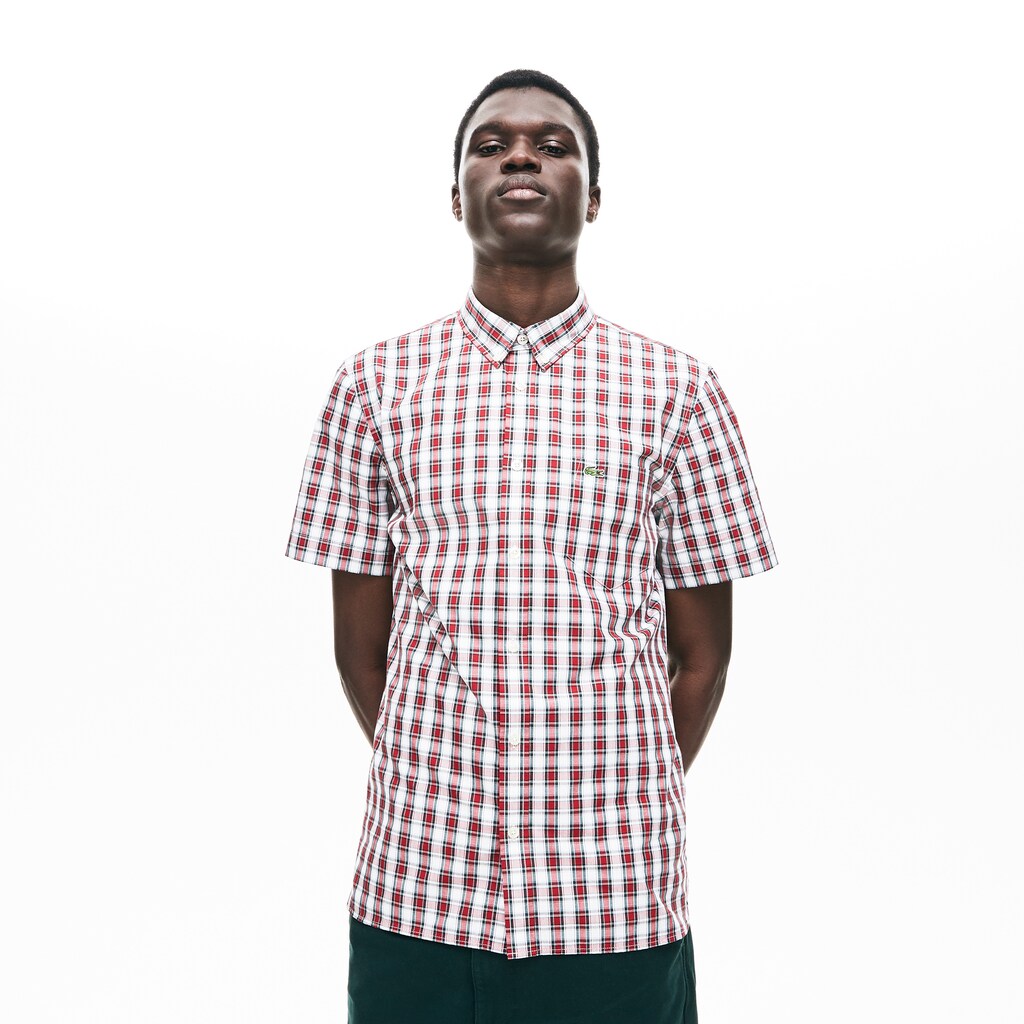 Mens   Short Sleeve Plaid Poplin Shirt | Lacoste White / Bordeaux • 1Ny
