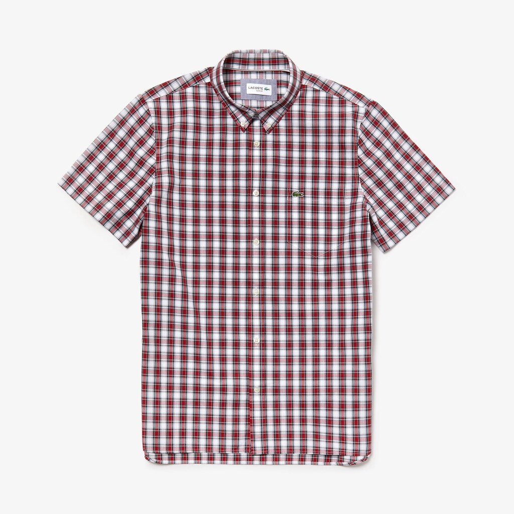 Mens   Short Sleeve Plaid Poplin Shirt | Lacoste White / Bordeaux • 1Ny