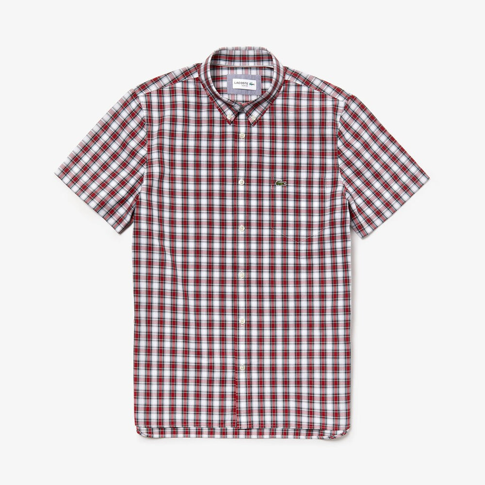 Mens   Short Sleeve Plaid Poplin Shirt | Lacoste White / Bordeaux • 1Ny