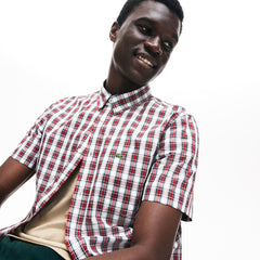 Mens   Short Sleeve Plaid Poplin Shirt | Lacoste White / Bordeaux • 1Ny