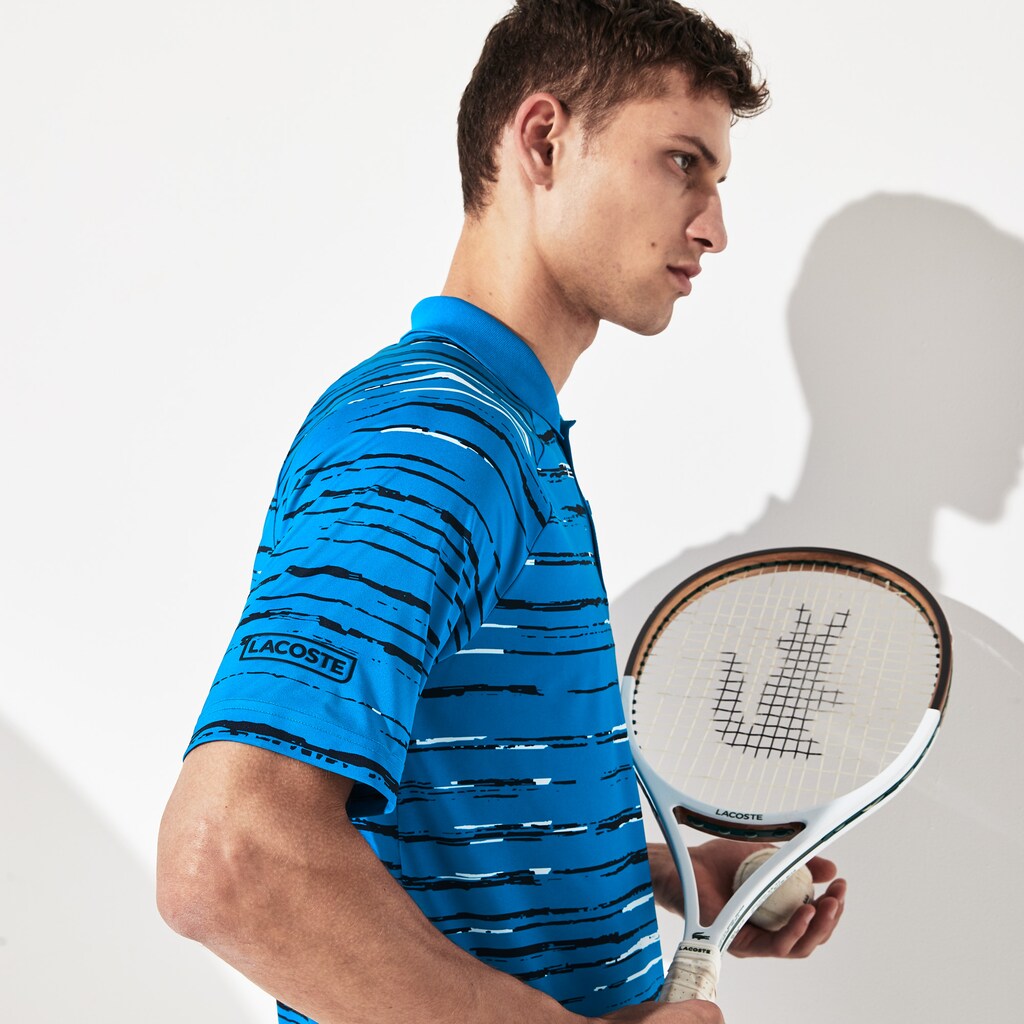 Mens   SPORT Novak Djokovic Striped Jersey Polo | Lacoste Blue / Navy Blue / White • Rek