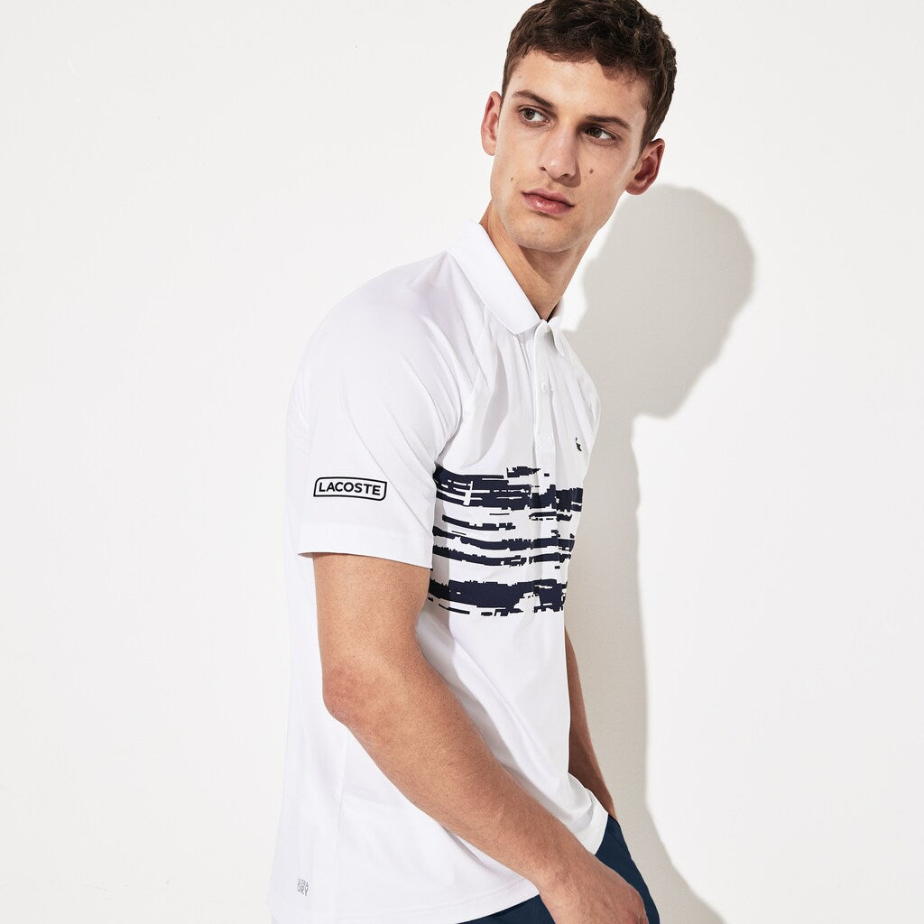 Mens   SPORT Novak Djokovic Stretch Print Jersey Polo | Lacoste White / Navy Blue • 522