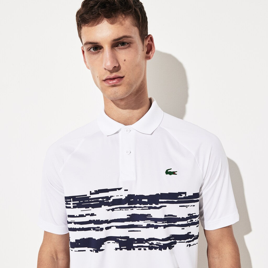 Mens   SPORT Novak Djokovic Stretch Print Jersey Polo | Lacoste White / Navy Blue • 522