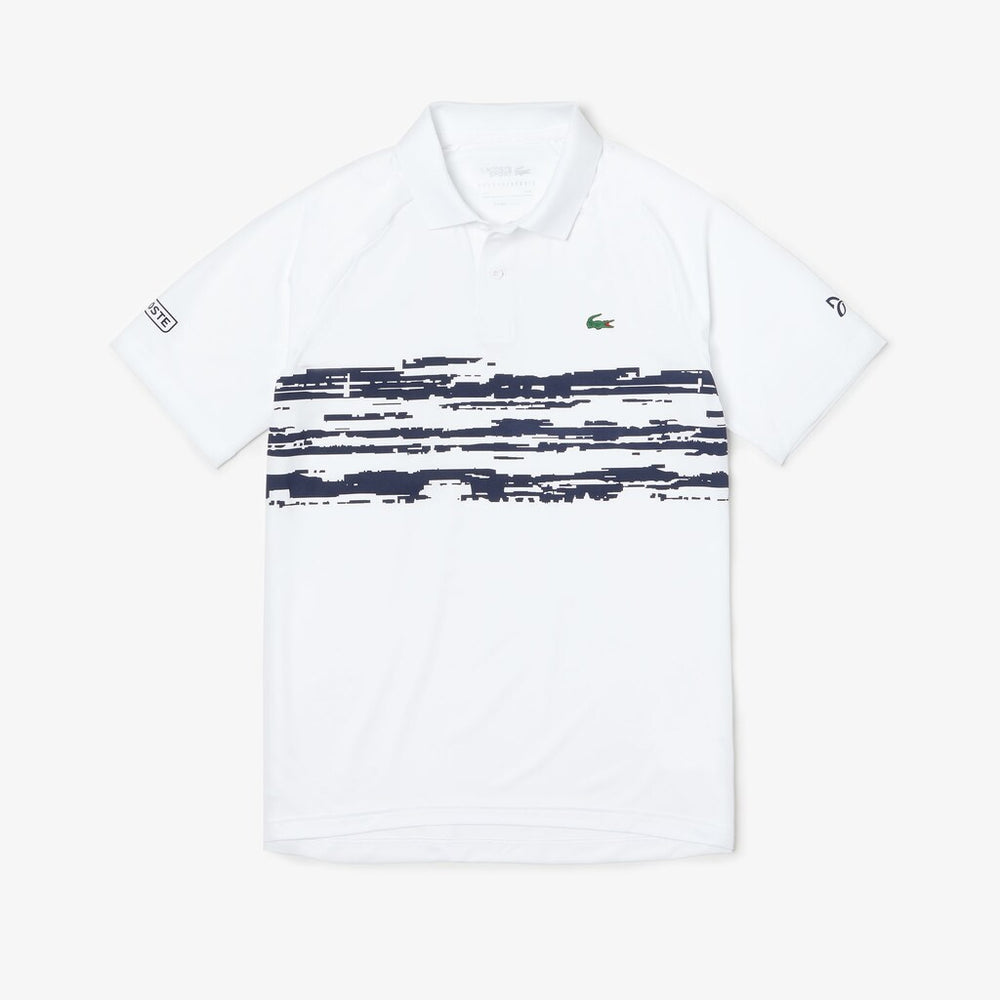 Mens   SPORT Novak Djokovic Stretch Print Jersey Polo | Lacoste White / Navy Blue • 522