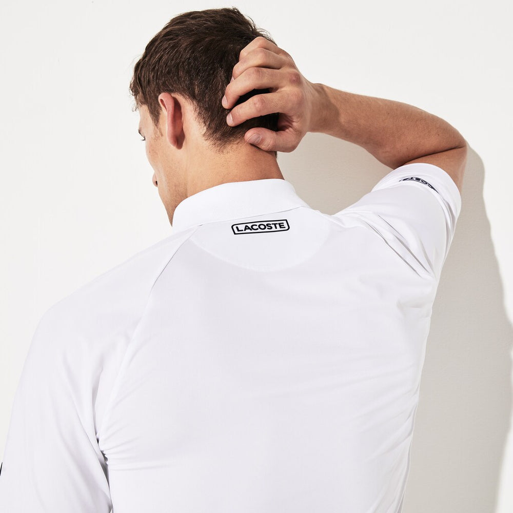 Mens   SPORT Novak Djokovic Stretch Print Jersey Polo | Lacoste White / Navy Blue • 522